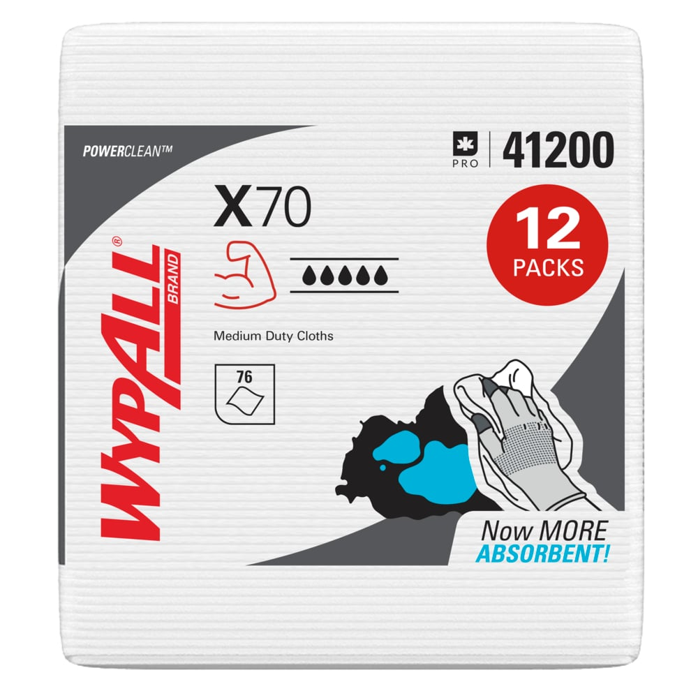 WypAll® PowerClean™ X70 Medium Duty Cloths (12.5 in. x 12 in., 76/Pack, 12 Packs/Case)
